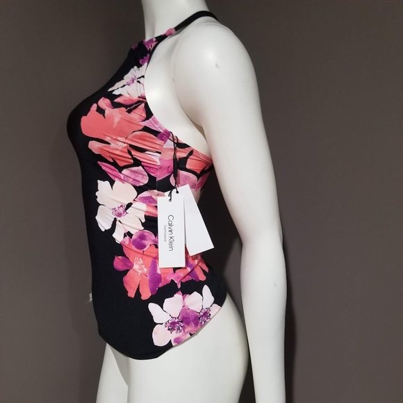 Calvin Klein Floral Printed High-Neck Cross-Back Tankini Top Size XS - Picture 3 of 13